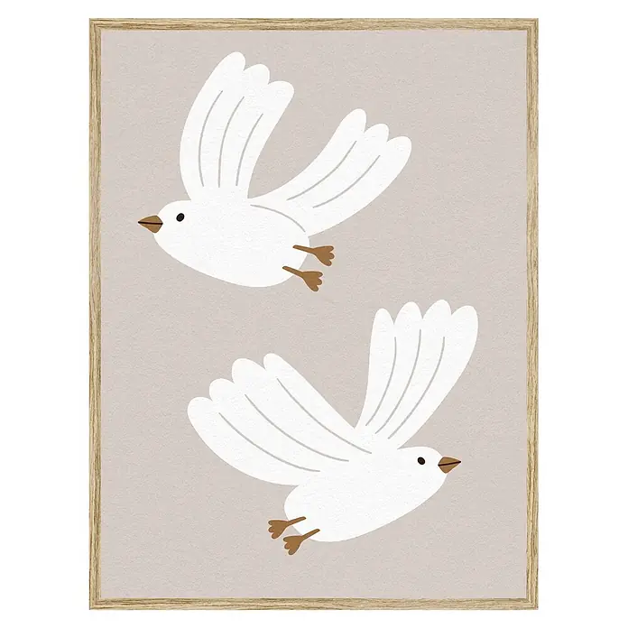 Cuadro Pájaros - Pájaros, An x Al: 30 x 40 cm, 1 pzs. - Dos pájaros blancos estilizados con picos y patas marrones sobre un fondo beige claro, enmarcados en madera.