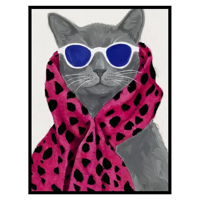 Cuadro Gato fashion - Gato fashion, An x Al: 30 x 40 cm, 1 pzs. - Gato gris con gafas de sol blancas, lentes azules y una bufanda fucsia con estampado de leopardo.