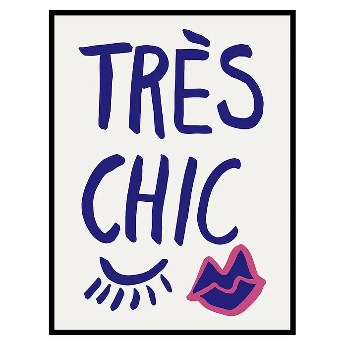 Cuadro Tres chic - Tres chic, An x Al: 30 x 40 cm, 1 pzs. - Lámina enmarcada "TRÈS CHIC" en azul con ojo abstracto y labios delineados en rosa.