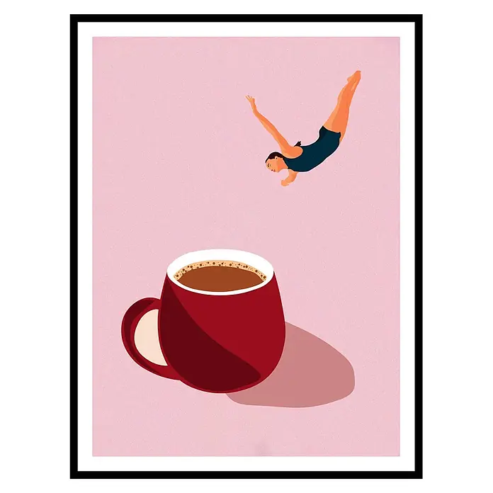 Cuadro Café taza roja - Café taza roja, An x Al: 30 x 40 cm, 1 pzs. - Ilustración de una persona zambulléndose de cabeza en una taza de café roja llena de café marrón, simbolizando un impulso de energía o un nuevo comienzo.