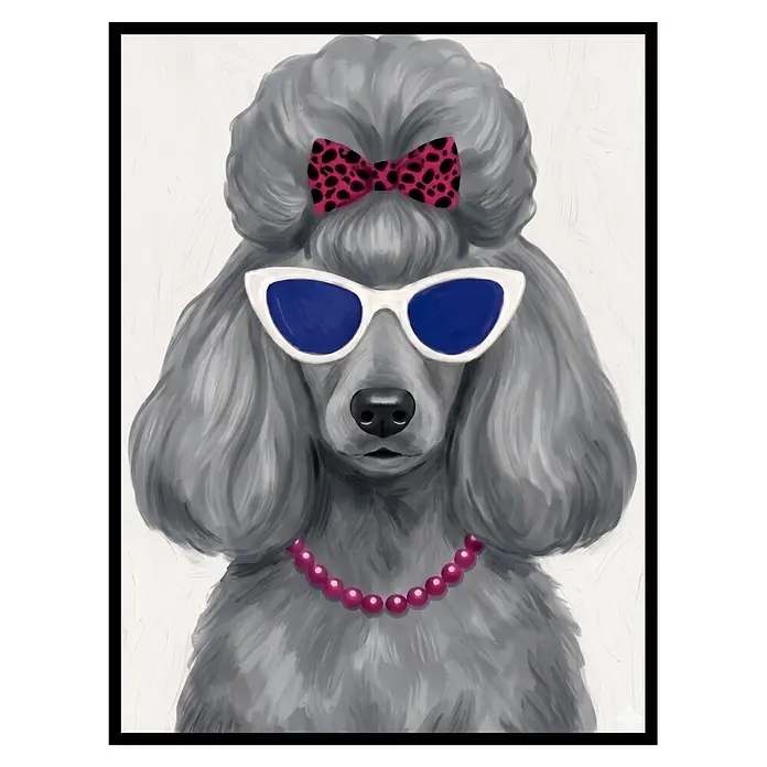 Cuadro Perrita fashion - Perrita fashion, An x Al: 30 x 40 cm, 1 pzs. - Ilustración de caniche gris con lazo de leopardo rosa, gafas de sol blancas y collar de perlas rosas.