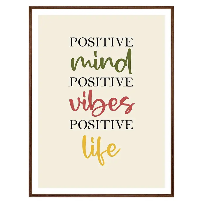 Cuadro Positive mind - Positive mind, An x Al: 30 x 40 cm, 1 pzs. - Póster enmarcado de madera oscura con texto 'POSITIVE mind POSITIVE vibes POSITIVE life' en negro, verde, rojo y amarillo.