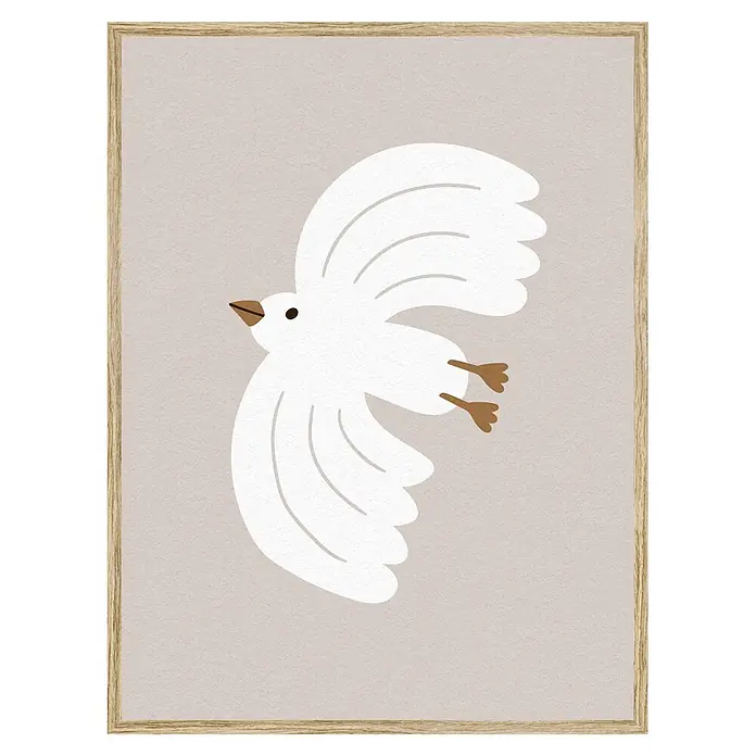 Cuadro Pájaro - Pájaro, An x Al: 30 x 40 cm, 1 pzs. - Lámina enmarcada con una ilustración de pájaro blanco estilizado sobre fondo beige claro en un marco de madera clara.