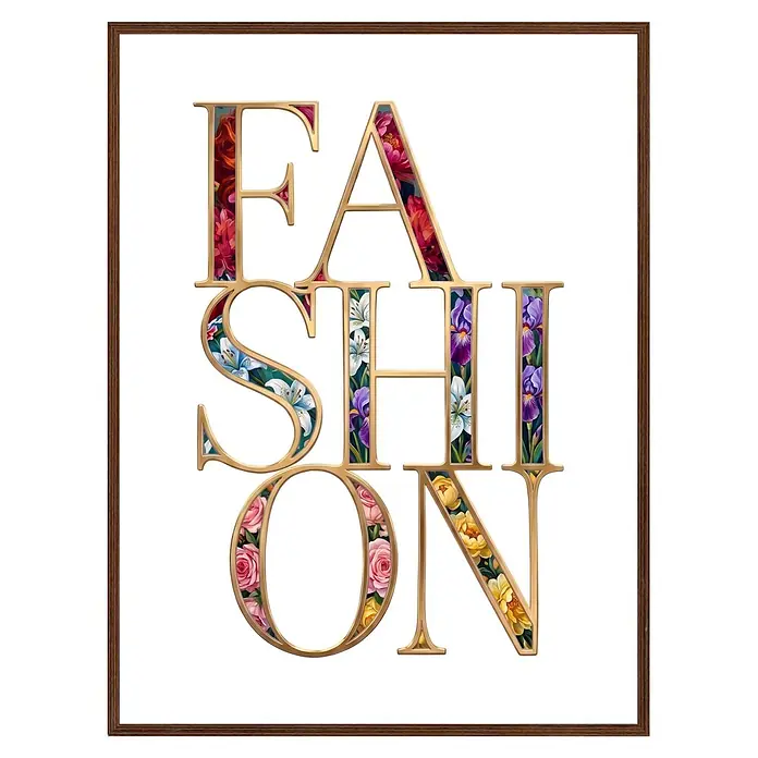 Cuadro Fashion - Fashion, An x Al: 30 x 40 cm, 1 pzs. - Letras doradas formando "FASHION" con coloridos patrones florales, enmarcadas.