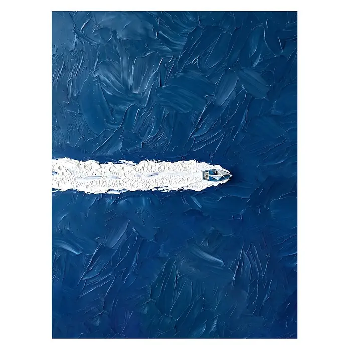 Cuadro Velero con espuma - Velero con espuma, An x Al: 30 x 40 cm, 1 pzs. - Obra de arte: pequeño barco creando una estela blanca en agua azul texturizada.