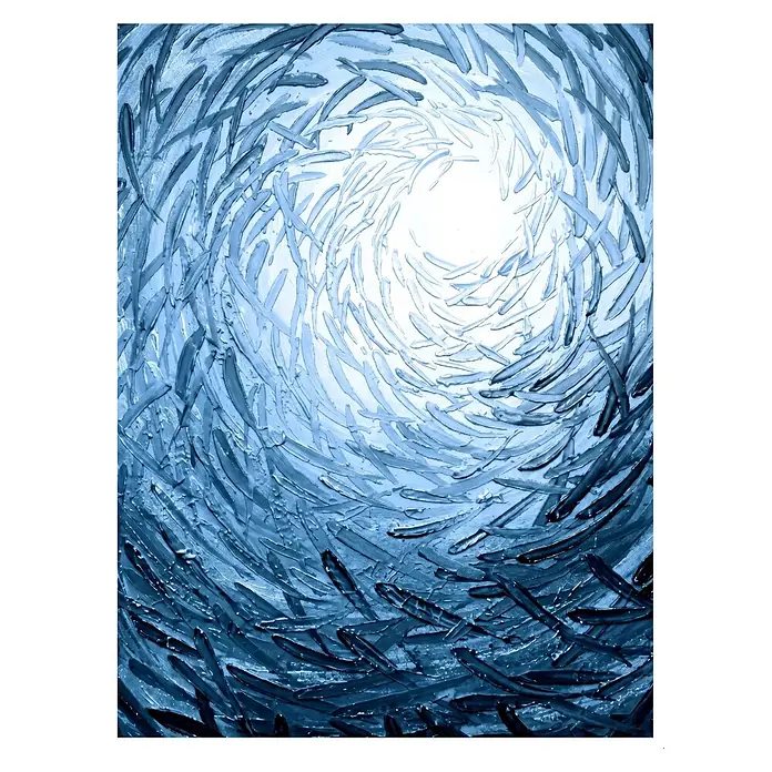 Cuadro Peces - Peces, An x Al: 30 x 40 cm, 1 pzs. - Pintura azul abstracta con formas de peces texturizadas y arremolinadas, creando un efecto de túnel de luz.
