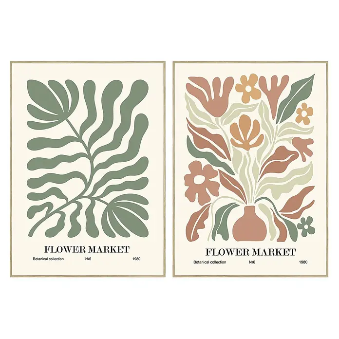 Cuadro Floral set 2 - Floral set 2, An x Al: 50 x 70 cm, 2 pzs. - Dos láminas botánicas abstractas enmarcadas con plantas y flores en tonos tierra.