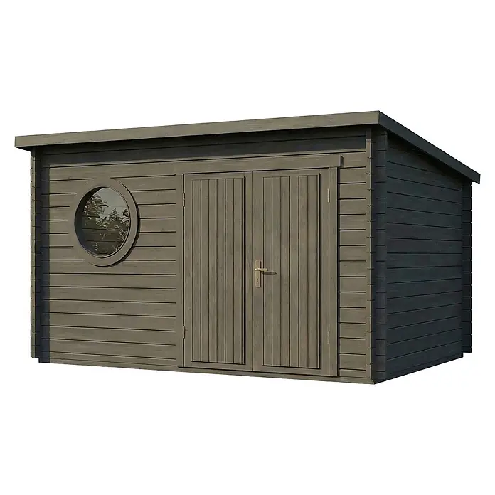 Alpholz Gartenhaus Maria Rondo 44 B - Außenmaß inkl. Dachüberstand (B x T): 400 x 320 cm, Holz, Grau - Dunkelgraues Holzgartenhaus mit Pultdach, Rundfenster und Doppeltüren.