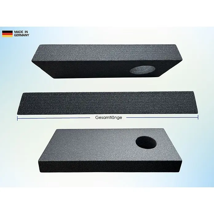 CoolFrech Fensterabdichtung Neopor für mobile Klimaanlagen und Ablufttrockner - 118 x 31 x 10 cm, Silbergrau - Made in Germany: Dunkelgrauer, poröser Schaumstoffblock mit kreisförmiger Aussparung, aus verschiedenen Blickwinkeln gezeigt, mit Längenangabe.