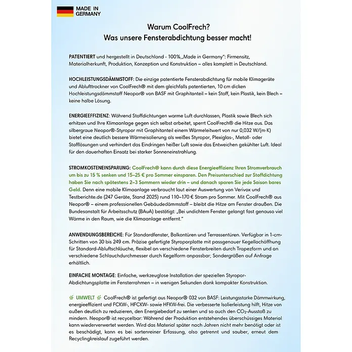 CoolFrech Fensterabdichtung Neopor für mobile Klimaanlagen und Ablufttrockner - 118 x 31 x 10 cm, Silbergrau - Silbergraue, 10 cm dicke Neopor®-Styropor Fensterabdichtung für mobile Klimaanlagen, verhindert Wärme- und Luftaustausch.