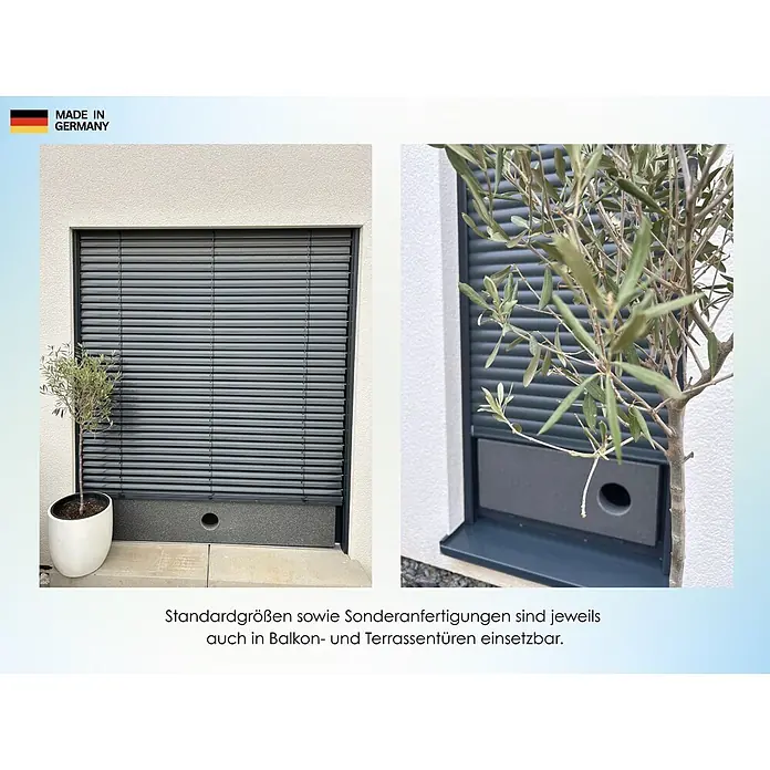 CoolFrech Fensterabdichtung Neopor für mobile Klimaanlagen und Ablufttrockner - 118 x 31 x 10 cm, Silbergrau - Dunkelgraue Außenjalousie am Fenster eines modernen Gebäudes. Auch für Balkon- und Terrassentüren, in Standard- und Sondergrößen erhältlich.