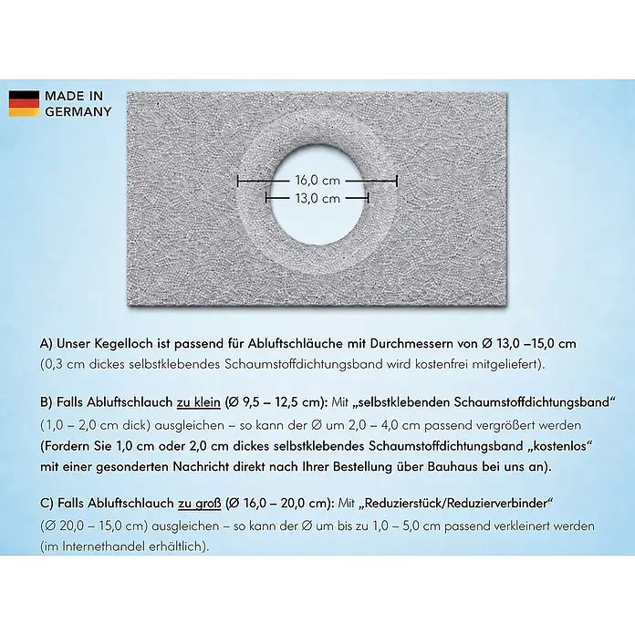 CoolFrech Fensterabdichtung Neopor für mobile Klimaanlagen und Ablufttrockner - 118 x 31 x 10 cm, Silbergrau - Graue, texturierte Platte mit konischem Loch (Ø 13,0–16,0 cm) für Abluftschläuche.