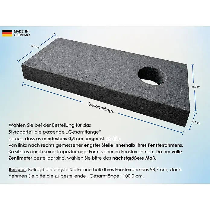 CoolFrech Fensterabdichtung Neopor für mobile Klimaanlagen und Ablufttrockner - 118 x 31 x 10 cm, Silbergrau - Dunkelgrauer, rechteckiger Styroporblock mit kreisrunder Öffnung, zeigt Maße und anpassbare Länge für Fensterrahmenmontage.