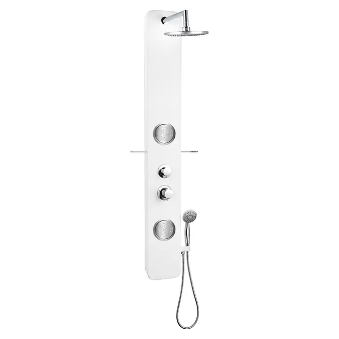 Rousseau Panel de ducha Midtime 2 - Altura: 150 cm, Con grifo monomando, Blanco - Panel de ducha blanco con ducha de techo cromada, tres chorros corporales, controles y ducha de mano con manguera.