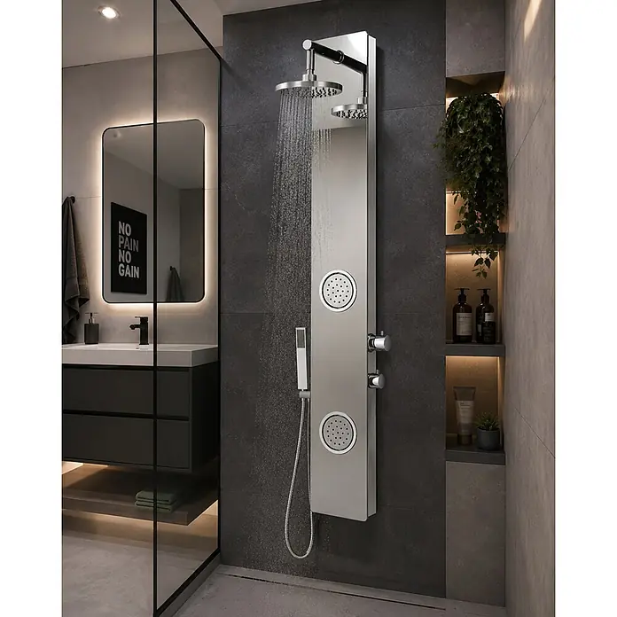 Rousseau Panel de ducha Gloss - Altura: 150 cm, Con grifo monomando, Aluminio - Panel de ducha moderno de acero inoxidable en baño con azulejos oscuros, con ducha de lluvia y de mano.