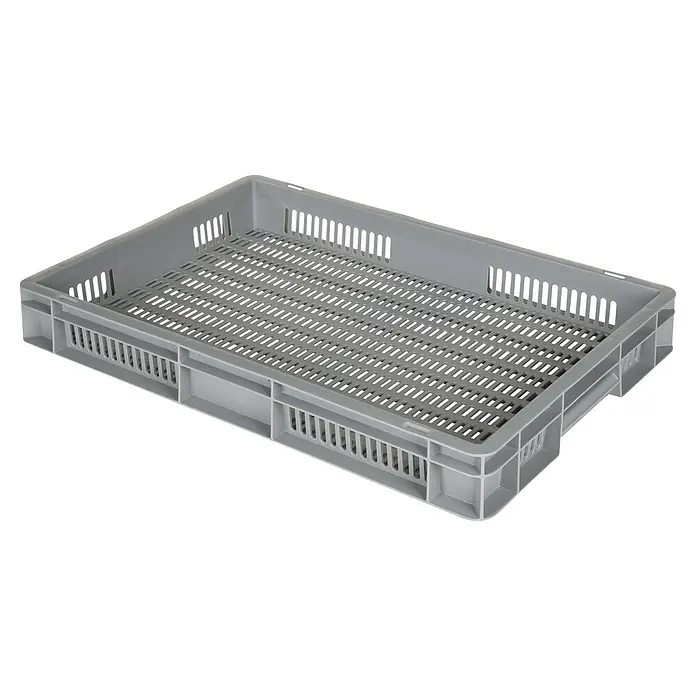 BAUHAUS Eurobox - 15 l, L x B x H: 40 x 60 x 8 cm, Grau, Offen - Graue rechteckige Kunststoffkiste mit perforiertem Boden und Seiten zur Lagerung oder zum Transport.
