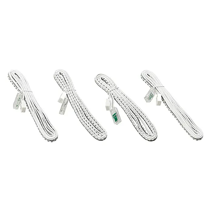 Tween Light Lichtleiste 4er Set - Länge: 160 cm, Lichtfarbe: Mehrfarbig, 0,15 W, Anzahl Leuchtmittel: 60 Stk. - Vier weiße LED-Streifen-Verlängerungskabel, aufgerollt und mit Anschlüssen für LED-Beleuchtung, ideal für individuelle Lichtinstallationen.