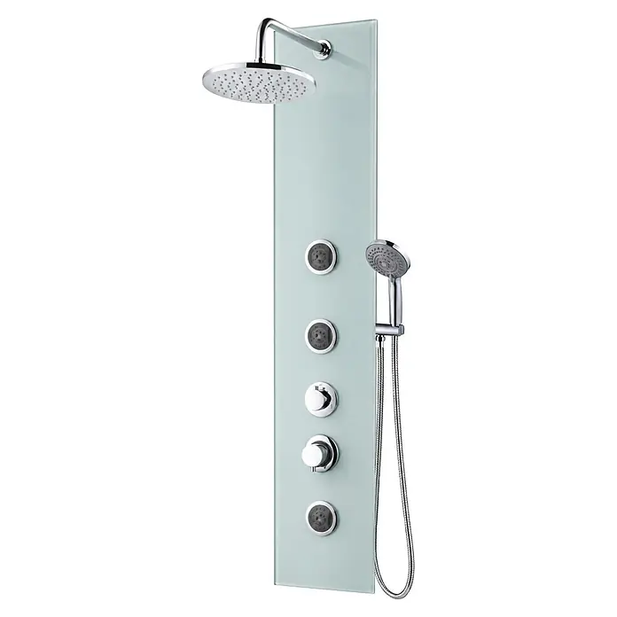Rousseau Panel de ducha Cristal - Altura: 150 cm, Con grifo monomando, Blanco - Panel de ducha moderno con superficie de cristal esmerilado, ducha de lluvia cromada, ducha de mano, chorros corporales y controles.