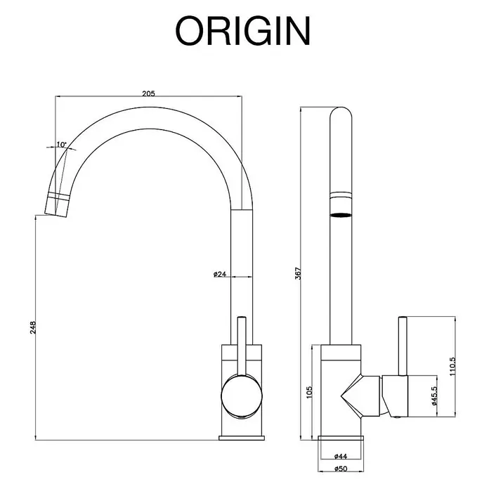 Poalgi Spültischarmatur Origin - Mattschwarz, Matt - Technische Zeichnung einer modernen Einhebel-Küchenarmatur, Vorder- und Seitenansicht mit Maßen.