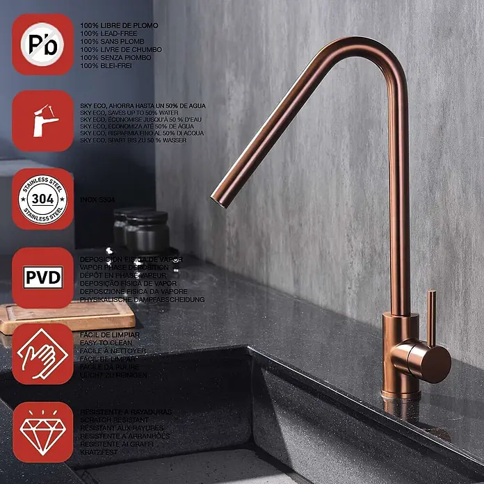 Poalgi Spültischarmatur Talent - Roségold, Seidenmatt - Roségoldener Küchenwasserhahn mit geschwungenem Auslauf und Einhebelmischer auf dunkler Arbeitsplatte.