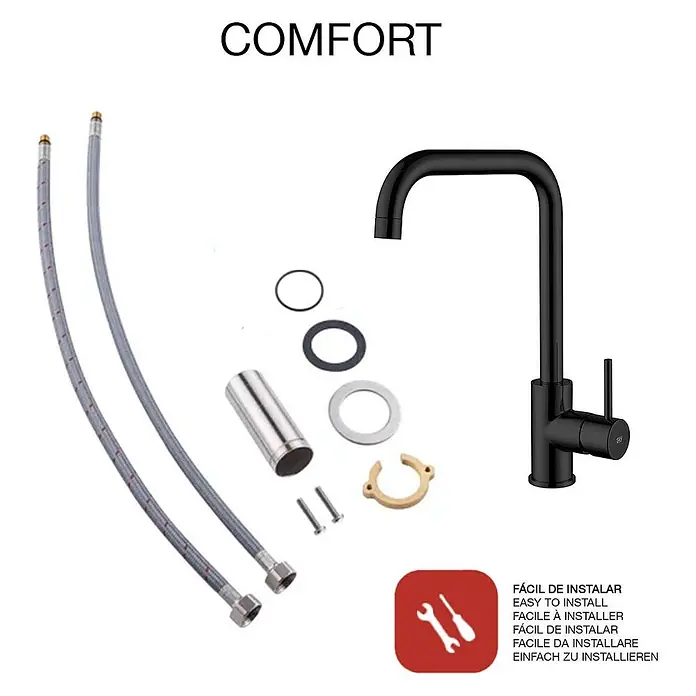 Poalgi Spültischarmatur Comfort - Kristallschwarz, Glänzend - Schwarzes Küchenarmatur-Installationsset mit geschwungenem Auslauf, Schläuchen und Montagematerial.