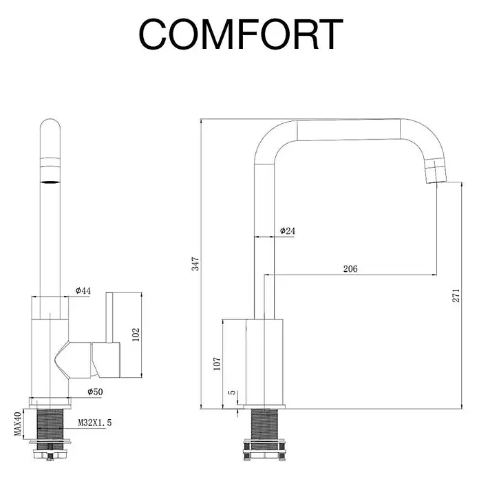 Poalgi Spültischarmatur Comfort - Gun Metal, Seidenmatt - Technische Zeichnung einer modernen Küchenarmatur mit detaillierten Maßen.