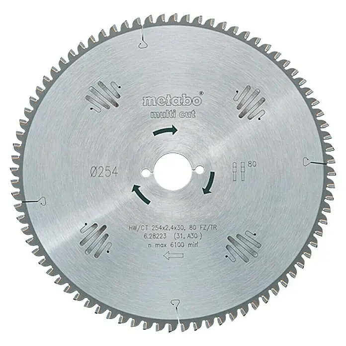 Metabo Kreissägeblatt Multicut Z60 - 216 mm, Bohrung: 30 mm, Anzahl Zähne: 60 Stk. - Das Bild zeigt ein Metabo Multi Cut Kreissägeblatt mit einem Durchmesser von 254 mm, geeignet für vielfältige Sägearbeiten.