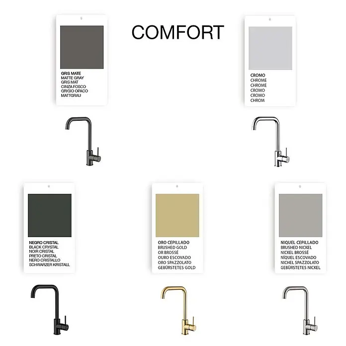 Poalgi Spültischarmatur Comfort - Gun Metal, Seidenmatt - Fünf Armaturen in verschiedenen Ausführungen: mattgrau, chrom, schwarz, gebürstetes gold und gebürstetes nickel, mit Farbmustern.