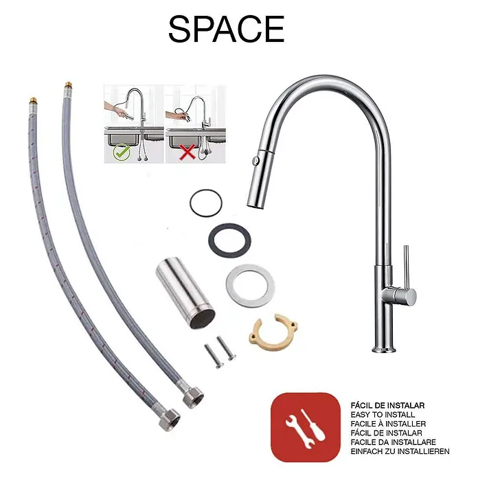 Poalgi Spültischarmatur Space - Verchromt, Glänzend - Verchromter Ausziehküchenarmatur mit flexiblen Anschlussschläuchen und Installationszubehör. Einfache Montage.