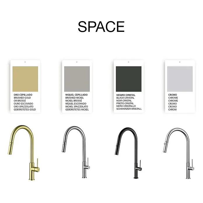 Poalgi Spültischarmatur Space - Nickel, Seidenmatt - Vier moderne Küchenarmaturen in gebürstetem Gold, gebürstetem Nickel, Schwarzkristall und Chrom, mit Farbmustern.