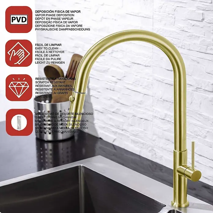 Poalgi Spültischarmatur Space - Goldfarben, Seidenmatt - Ein goldener, moderner Küchenwasserhahn mit gebogenem Auslauf und Einhebelgriff, in eine Küchenspüle eingebaut.