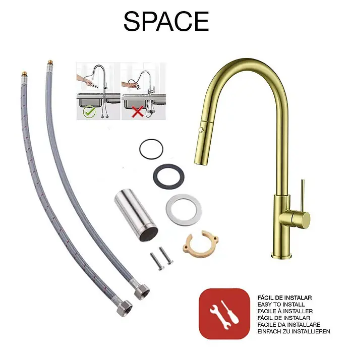 Poalgi Spültischarmatur Space - Goldfarben, Seidenmatt - Goldene Küchenarmatur mit herausziehbarer Brause, zwei Schläuchen und Montageteilen.