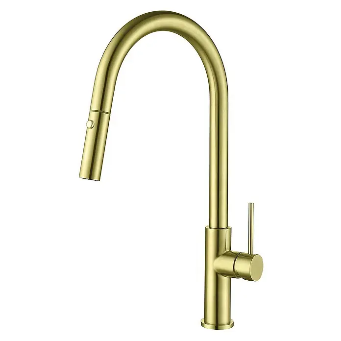 Poalgi Spültischarmatur Space - Goldfarben, Seidenmatt - Gebürstete goldene Küchenarmatur mit hohem Auslauf, ausziehbarem Sprühkopf und Einhebelgriff.