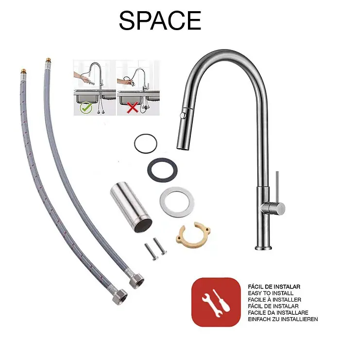 Poalgi Spültischarmatur Space - Nickel, Seidenmatt - Verchromte Küchenarmatur mit herausziehbarer Brause, zwei Schläuchen und Montageteilen. Einfach zu installieren.