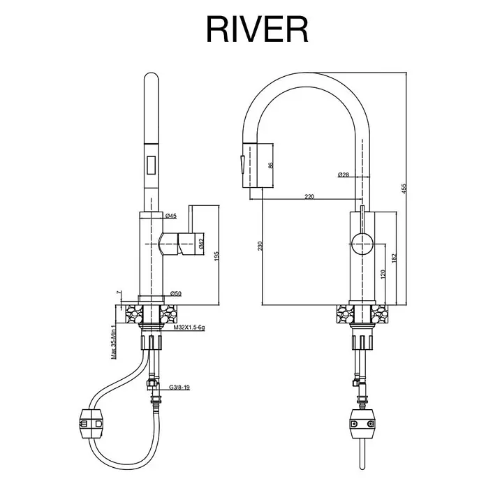 Poalgi Spültischarmatur River - Kristallschwarz, Glänzend - Technische Zeichnung einer modernen Küchenarmatur mit Maßen und Anschlussdetails.