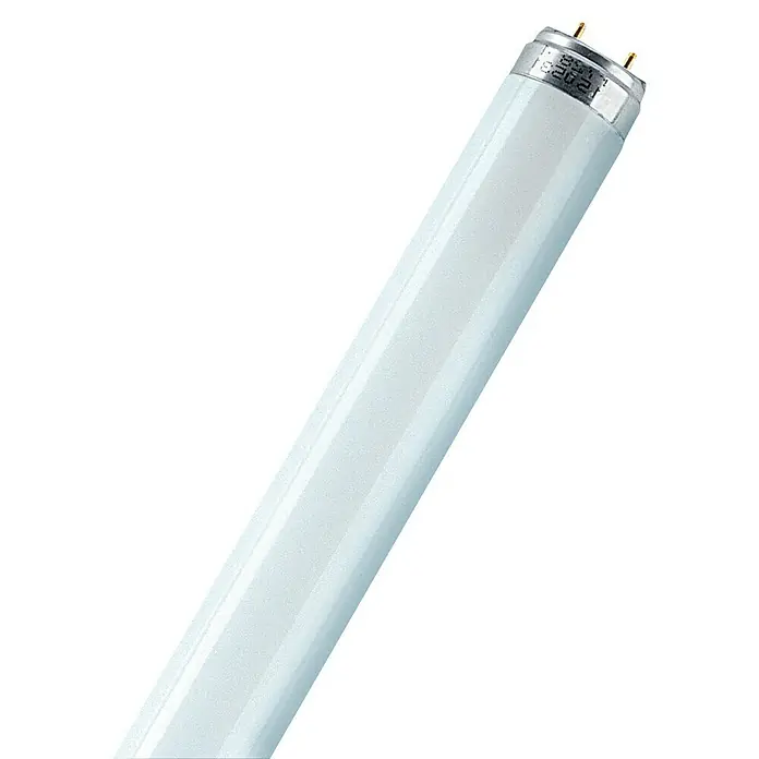 Osram Leuchtstoffröhre Interna - Länge: 90 cm, Warmweiß, 30 W, 2.400 lm, G13 - Nahaufnahme einer einzelnen, leuchtstoffweißen, linearen Leuchtstoffröhre vor einem schwarzen Hintergrund.