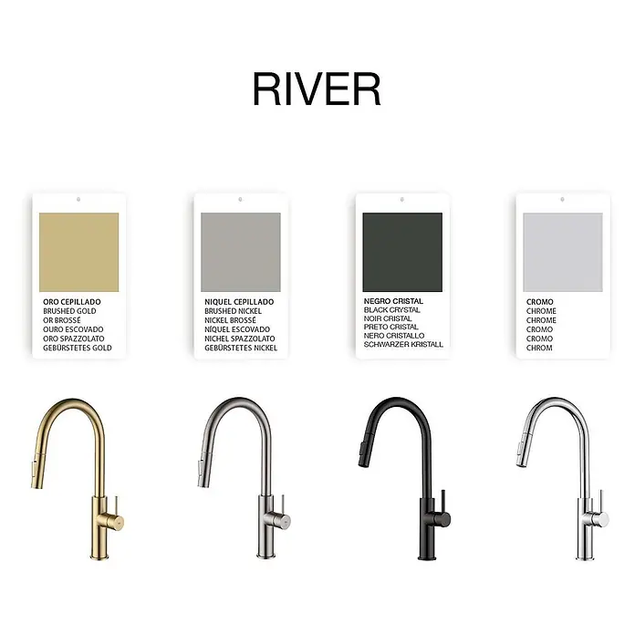 Poalgi Spültischarmatur River - Kristallschwarz, Glänzend - Vier moderne Küchenarmaturen in den Ausführungen gebürstetes Gold, gebürstetes Nickel, Schwarzkristall und Chrom.