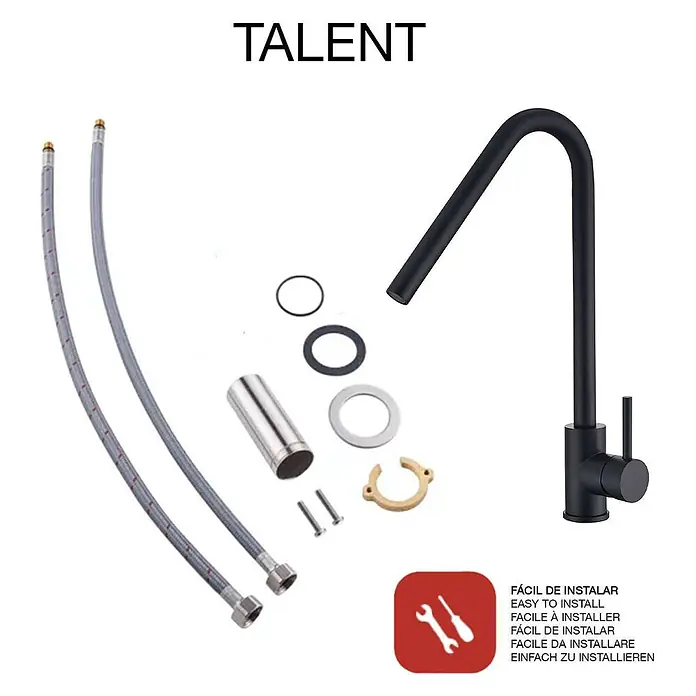 Poalgi Spültischarmatur Talent - Mattschwarz, Matt - Schwarze Küchenarmatur mit gebogenem Auslauf und Einhebelmischer, komplett mit flexiblen Schläuchen und Montageteilen.