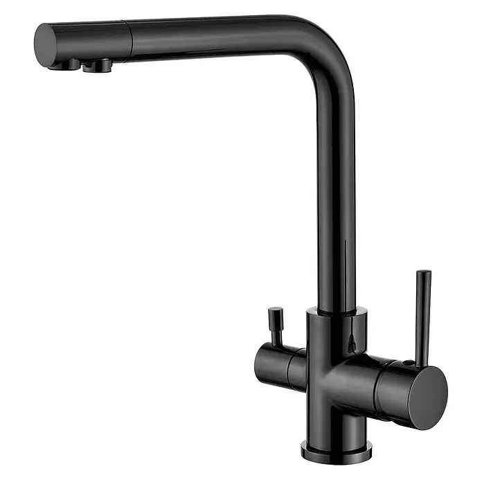 Poalgi Spültischarmatur Life - Kristallschwarz, Glänzend - Glänzender schwarzer Küchenwasserhahn mit U-förmigem Auslauf und zwei Bedienhebeln.