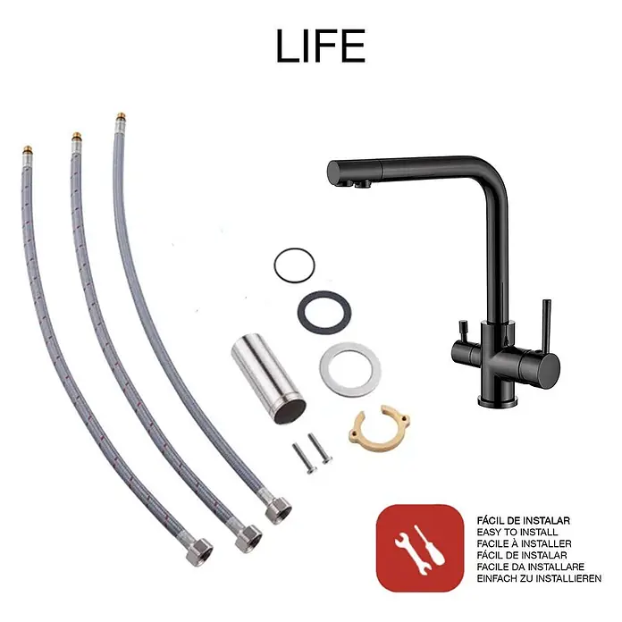 Poalgi Spültischarmatur Life - Kristallschwarz, Glänzend - Schwarzes Küchenarmatur-Set mit flexiblen Schläuchen und Montagezubehör.