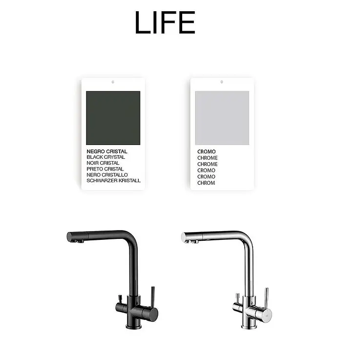 Poalgi Spültischarmatur Life - Verchromt, Glänzend - Zwei Küchenarmaturen, eine in schwarzem Kristallfinish und eine in Chromfinish, mit passenden Farbmustern.