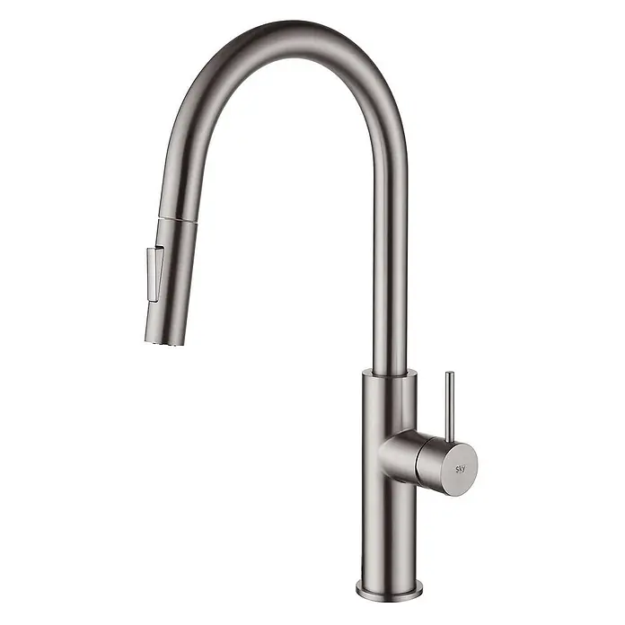 Poalgi Spültischarmatur River - Nickel, Seidenmatt - Gebürstete Metall-Küchenarmatur mit hohem Schwenkauslauf, ausziehbarer Brause und Einhebelgriff.