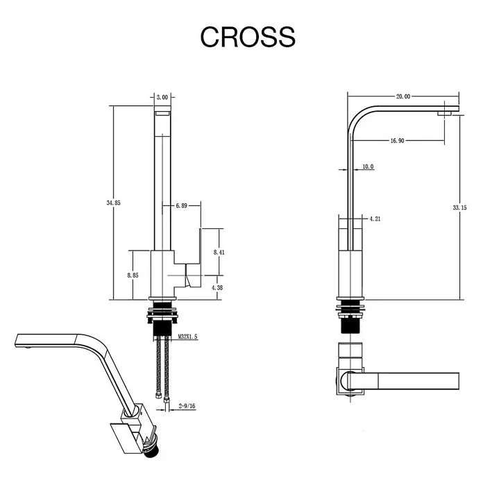 Poalgi Spültischarmatur Cross - Goldfarben, Seidenmatt - Technische Zeichnung einer modernen Küchenarmatur mit hohem, quadratischem Schwanenhalsauslauf und Einhebelgriff, mit Maßen aus mehreren Ansichten.