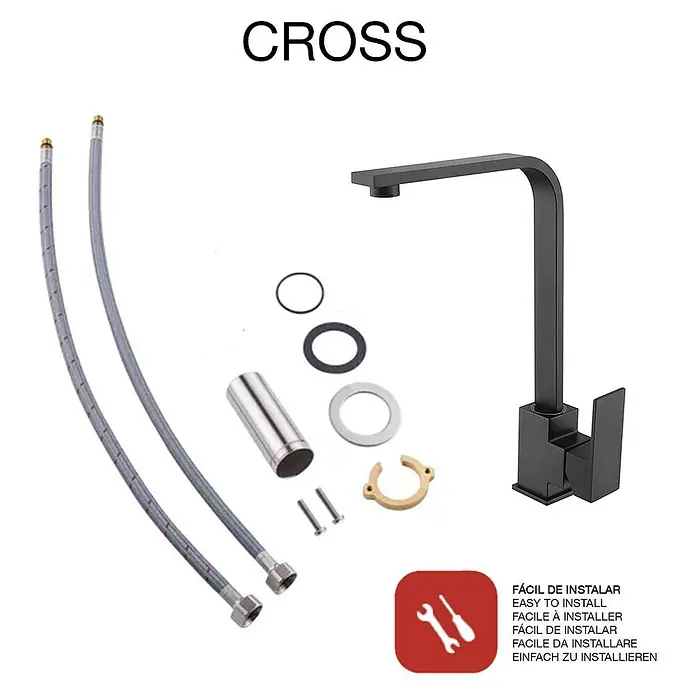 Poalgi Spültischarmatur Cross - Mattschwarz, Matt - Schwarze Küchenarmatur mit Einbauteilen und flexiblen Schläuchen.
