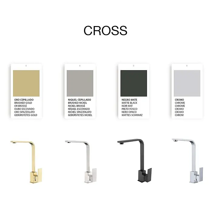 Poalgi Spültischarmatur Cross - Goldfarben, Seidenmatt - Set aus vier modernen Küchenarmaturen in gebürstetem Gold, gebürstetem Nickel, Mattschwarz und Chrom.