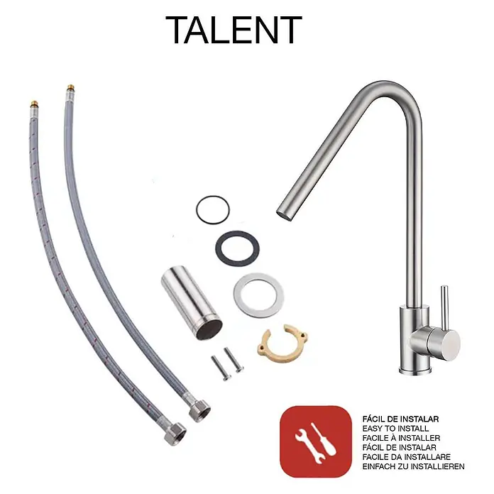 Poalgi Spültischarmatur Talent - Nickel, Seidenmatt - Edelstahl-Küchenarmatur mit U-förmigem Auslauf und Montagezubehör wie flexiblen Schläuchen, Dichtungen und Befestigungsmaterial.