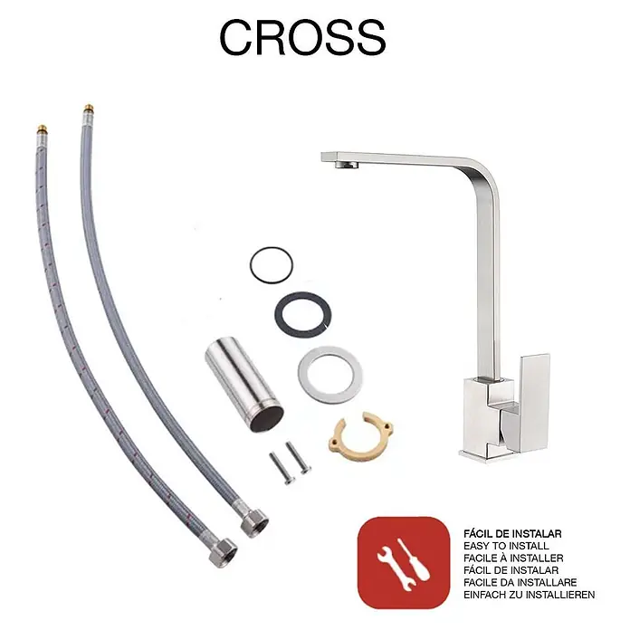 Poalgi Spültischarmatur Cross - Nickel, Seidenmatt - Moderner, eckiger Chrom-Wasserhahn mit flexiblen Schläuchen und Montagematerial.