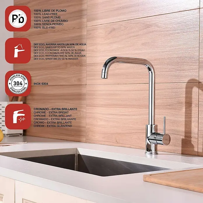 Poalgi Spültischarmatur Comfort - Verchromt, Glänzend - Glänzender Chrom-Küchenarmatur, Edelstahl 304 und bleifrei, über einer Spüle installiert.