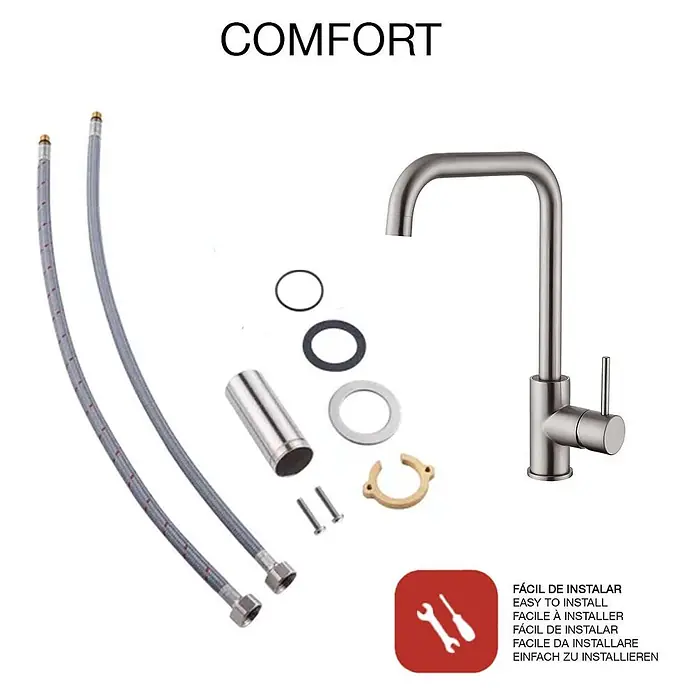 Poalgi Spültischarmatur Comfort - Nickel, Seidenmatt - Gebürsteter Metall-Küchenarmatur mit quadratischem Auslauf, Einhebelmischer und Installationszubehör.