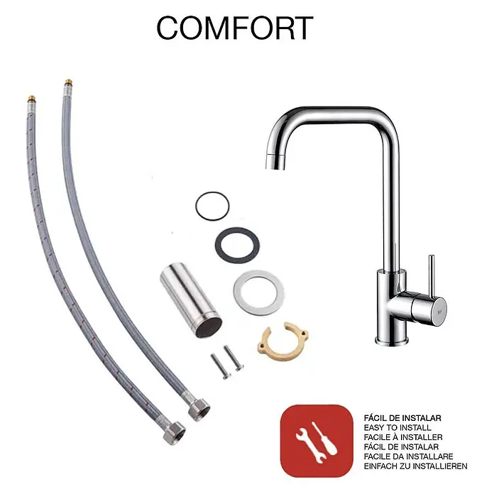 Poalgi Spültischarmatur Comfort - Verchromt, Glänzend - Chrom-Küchenarmatur-Installationskit mit flexiblen Schläuchen und Montagematerial.